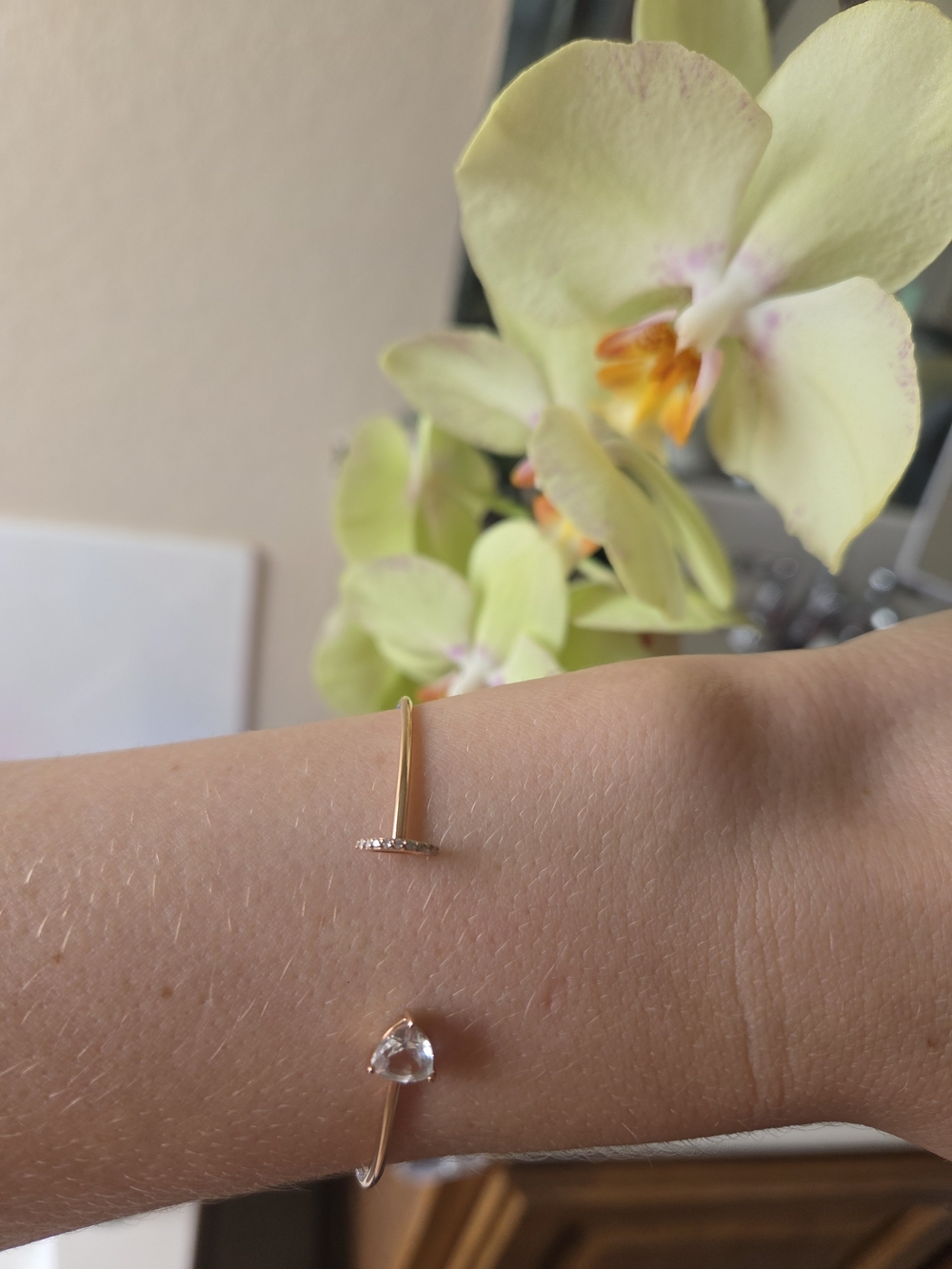 14K rose gold White Topaz & Diamomd Delicate Open Cuff Bracelet